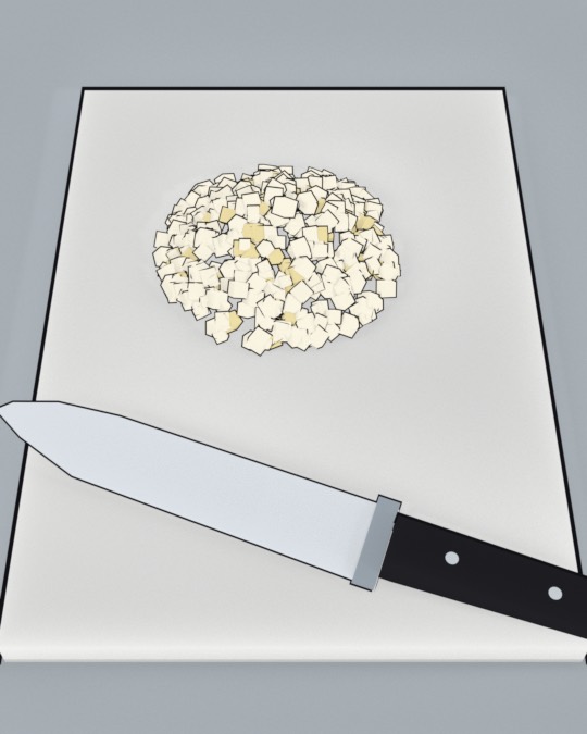 An onion diced into a pile on a cutting board, with a chef’s knife.