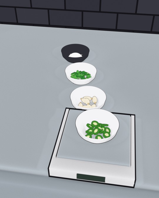 A row of bowls with jalapeño, garlic, cilantro and salt, one on a kitchen scale.