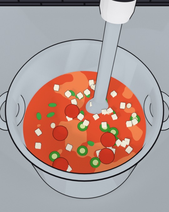 An immersion blender in the pot of salsa.