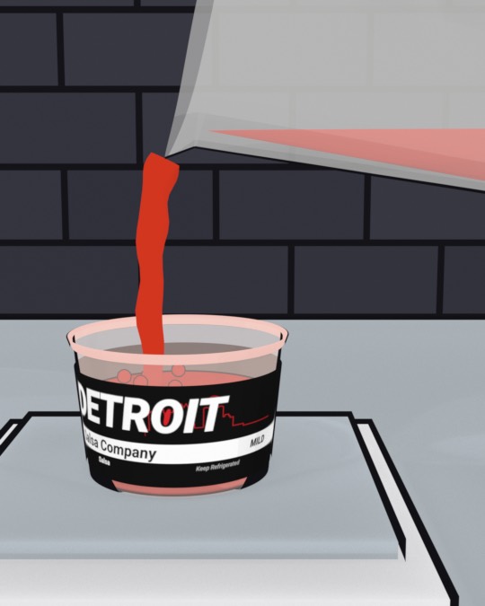 A pitcher pouring salsa into a tub on a kitchen scale.