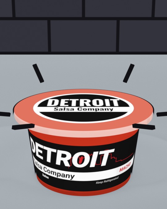 The lid with the round Detroit Salsa badge snapping onto a tub.