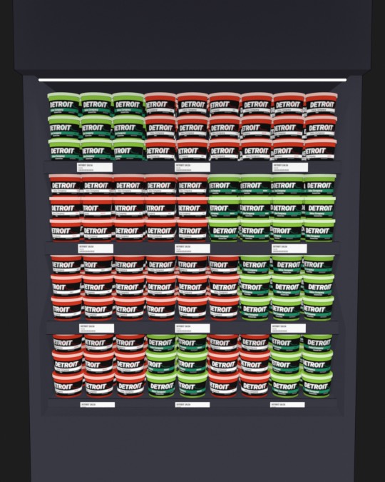 A store case full of Detroit Salsa tubs.